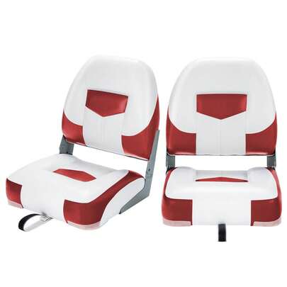  COSTWAY Folding Low-Back Boat Chair, Set Of 2, Fold-Down Seat W/ Long Fixation Strap & Stainless Steel Screws, Ergonomic Fishing Yacht Seat W/ Thicken Foam &  Metal Hinge, Red
