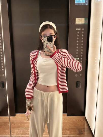 韩版甜美可爱撞色条纹针织开衫，春夏复古圆领百搭休闲外套，甜辣约会风，法式复古街头风度假上衣