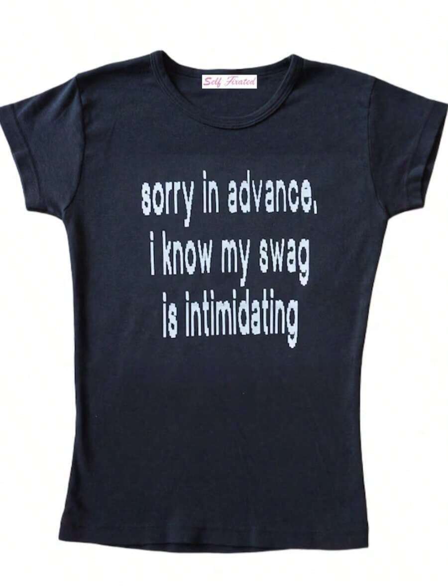 Hot Classic StyleSorry In Advance, I Know My Swag Is Intimidating Baby Tee L Y2k Graphic TeesRound Neck Loose Fit T-Shirt - Hitam - View 1