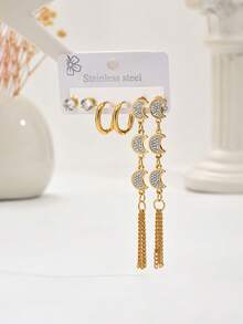 6件套不锈钢长流苏月亮耳环，时尚百搭女士首饰套装 - 多色 - 查看 5