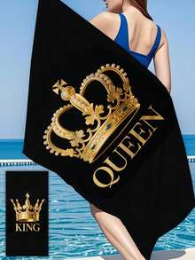 [Soft & Quick Dry] 250gsm Microfiber Beach Towel | 70*140cm/90*180cm Available | 2pcs/1pc Crown Couple Beach Towel | High Absorbency Portable Swimming Towel, Bathroom Decor, Beach Towel | Suitable For Summer Beach, Swimming, Travel, Camping, Fitness - Crown - View 4