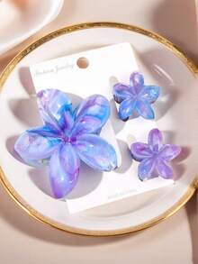 3pcs/Set Spring & Summer Bohemian Style Blue & Purple Ombre Marble Pattern Plumeria Hair Clips, Beach Vacation Hair Accessories - Marble Blue Purple - View 1