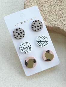 3 Pairs/1 Card Women's Dotted Abstract Symbol Print Ceramic Texture Cute Personalized Round Acrylic Earrings - Multicolor - View 6