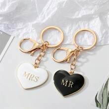 1pc Minimalist Personalized Alloy Black & White Heart Keychain, Couple Couples's Gift, Mr Mrs Love Heart Bag Charm - Multicolor - View 1