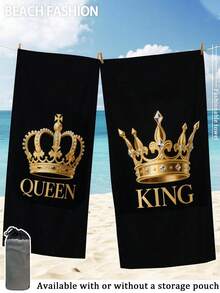 [Soft & Quick Dry] 250gsm Microfiber Beach Towel | 70*140cm/90*180cm Available | 2pcs/1pc Crown Couple Beach Towel | High Absorbency Portable Swimming Towel, Bathroom Decor, Beach Towel | Suitable For Summer Beach, Swimming, Travel, Camping, Fitness - Crown - View 17