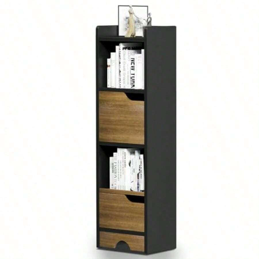 Librero Organizador Estanteria Minimalista Mueble Organizador de 4 Cubos con 2 Puertas Estante de Alenamiento Esquinero para Sala Libros Muebles para Recamara Negro y Nogal - como en la foto - Ver 1