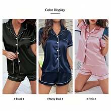 Summer Silk Satin Women Set Button Down Top & Shorts 2 Pieces Sleepwear Notched Collar Nightwear Loungewear Women - 黑色 - 查看 5