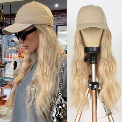 Mũ lưỡi trai 26 inch tích hợp tóc giả xoăn gợn sóng, mũ màu be có thể điều chỉnh với tóc vàng, dành cho nữ.