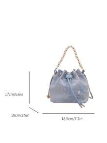 旗袍风格仿珍珠新款中式大容量抽绳单肩手提包 - 藍色 - 查看 5