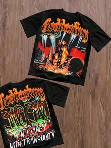 Apocalypse Sci-Fi Double-Sided Crisis&Disaster Print Oversize Short Sleeved Street Y2K Niche Style T-Shirt Top Print Y2K Crew Neck T Shirt For Women, Holiday, Vacation, Spring, Festivalsummer Clothes,Men Graphic Tees,Vintage T Shirts - 黑色 - 查看 2