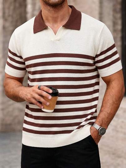 Frühlings-/Sommer-Neuer Herren Pullover, Retro Business-Casual Loose Fit gestreifter Kurzarm V-Ausschnitt Strick Oberteil