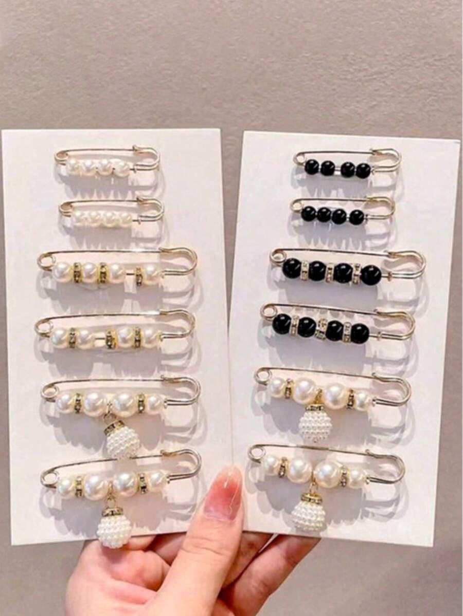 12pcs Black & White Pearl Waist Pins, Adjustable Clothing Waist Fixator, Prevent Exposure Brooch (No Card) - Black and White - View 1