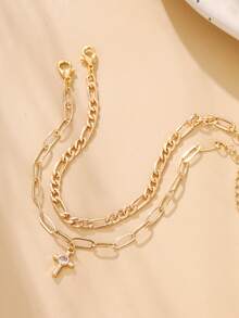 Nooxian 2pcs Set NK Copper Square Paperclip Chain, Fashion Cross & Cubic Zirconia Round Pendant Bracelet - Yellow Gold - View 5