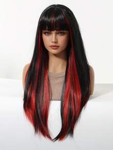 黑色长直发合成假发，带刘海和红色挑染，耐热纤维材质，全机编织，适合角色扮演、派对、时尚女性日常佩戴和上学使用，26英寸 - 挑染紅色 - 查看 4