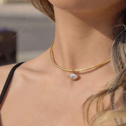 S SHOPBOHO 1pc Waterdrop Cz Diamond Gold Choker Necklace Metal Wire Choker Gold Necklace Premium Stainless Steel Jewelry