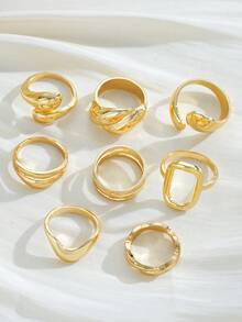 Set de 8 anillos de moda con estilo vintage de moneda, anillos de metal elegantes con nudos geométricos, ondulados, huecos, minimalistas y gruesos, adecuados para vacaciones, fiestas, uso diario y como regalo - Amarillo Oro - Ver 5