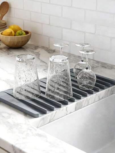 1pc Thick Silicone Kitchen Sink Mat | Non-Slip, Heat-Resistant, Waterproof Sink Countertop Drain Mat With Drain Groove - Easy To Clean, Rollable Dish Drying Mat To Protect Utensils, Plates And Countertop