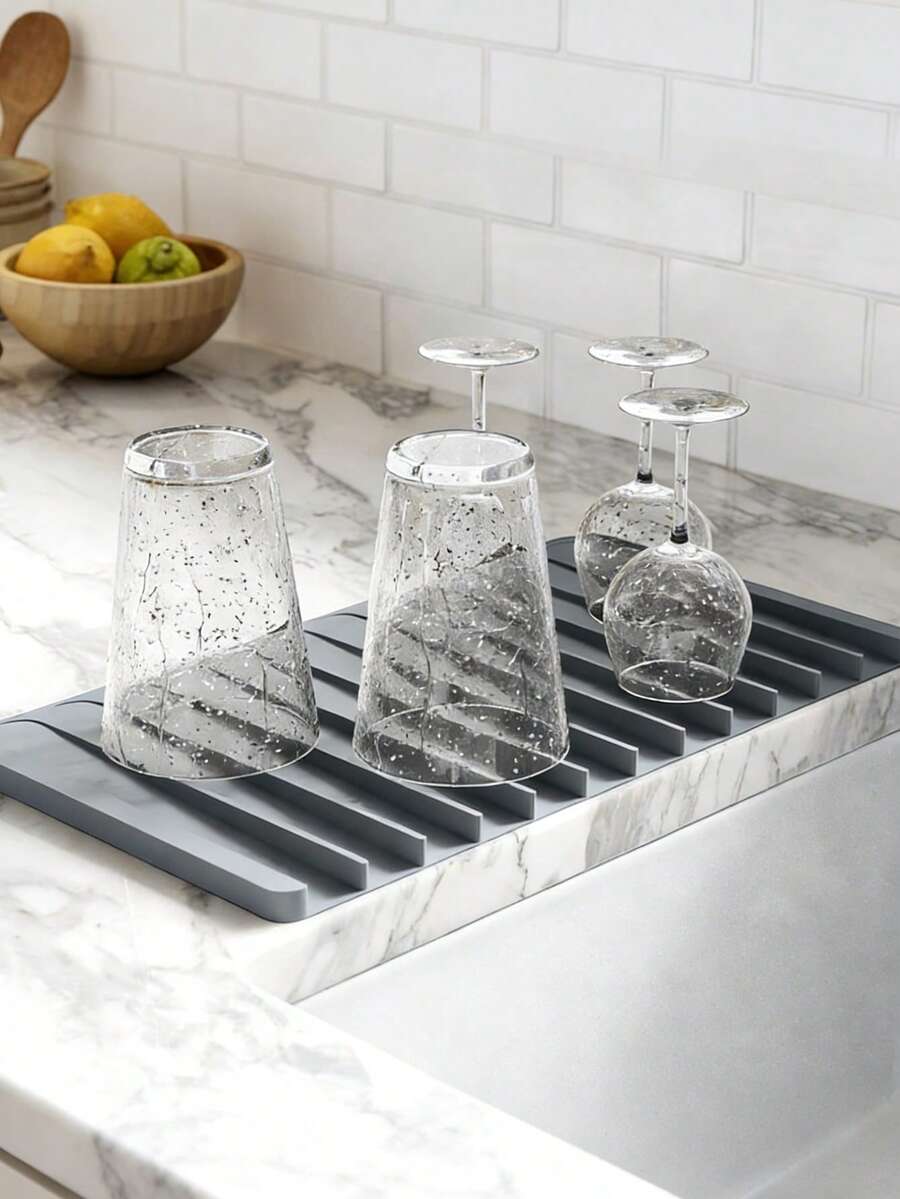 1片加厚硅胶厨房水槽垫 | 防滑、耐热、防水水槽台面沥水垫，带排水槽 - 易于清洁，可卷起晾干餐具，保护餐具、盘子和台面 - 彩色 - 查看 1