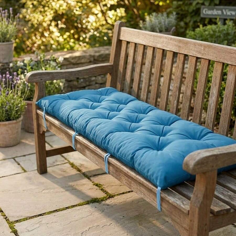 Waterproof Sunscreen Tufted Bench Cushion Thickened Comfortable Outdoor Indoor Wooden Chair Long Seat Pad With Ties For Patio Garden Porch Backyard Balcony - 防水款--孔雀藍 - 查看 1
