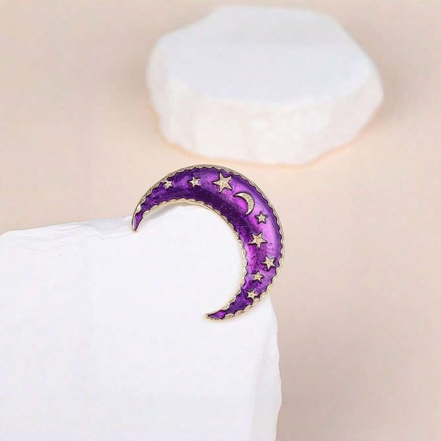 1pc New Creative Moon Brooch - A Stylish Lady's Pin Accessory With Anti-Glare Effect - Purple - View 1