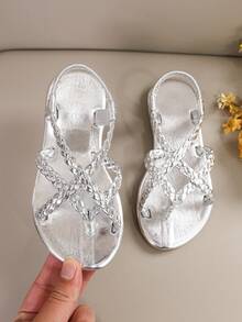 1双夏季金色舒适百搭编织人字拖，柔软防滑透气公主凉鞋 - 銀色 - 查看 3