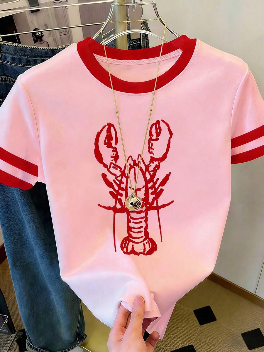 小龙虾、女士夏季服装、女士沙滩装、女士休闲衬衫、女士休闲圆领短袖T恤 - 淺粉色 - 查看 1
