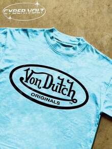 Dutch Manfinity Y2K Style Print (180g Pure Cotton T-Shirt) Cotton T-Shirt - Soft And Breathable, Green Print 100% Pure Cotton Fabric - Comfortable And Vibrant Summer Streetwear Short-Sleeved T-Shirt, Cool Motorcycle Design, Vintage Summer Men's Everyday Wear T-Shirt - 淺藍色 - 查看 2