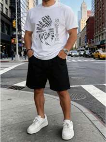 Conjunto para hombre casual urbano con estampado gráfico y letras tela cómoda ajuste holgado cuello redondo manga corta primavera verano uso diario camiseta y shorts - Blanco 2 - Ver 2