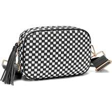 Wide Strap Small Woven Checkered Crossbody Bag For Womenl Cute PU Leather Purses Shoulder Handbags - 黑白格紋 - 查看 2