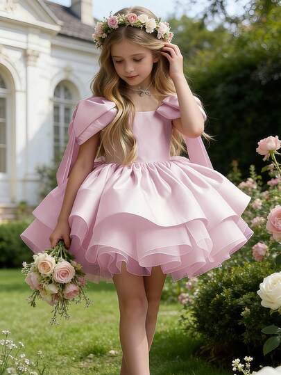 少女优雅缎面短袖迷你派对连衣裙，适合生日、庆典、婚礼、拍照、公主装扮、舞会、毕业典礼、复活节、假期等场合。