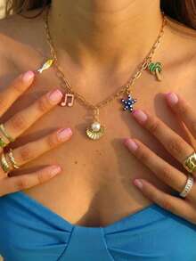 1件夏季海洋风海星贝壳不锈钢吊坠项链，女士时尚音乐小鱼椰子树贝壳海星元素吊坠设计，适合海滩度假和日常佩戴 - 彩色 - 查看 5