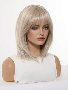 Elegant Linen Gold Women's Stright Wig With Short Bangs High Temperature Fiber Rose Net Cap Versatile Styling - Suitable For Cosplay, Parties, And Music Festivals - 亞麻金 - 查看 6