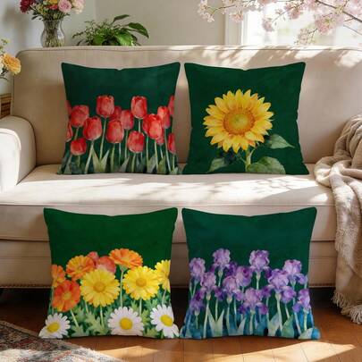 Bộ 4 vỏ gối nhung in họa tiết hoa và chữ màu xanh ngọc lục bảo, 100% polyester, thích hợp trang trí phòng khách, sofa, phòng ngủ, kích thước 40x40cm/45x45cm/50x50cm (Không bao gồm ruột gối)