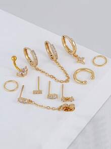 Set Anting Rantai Zirkonia Kubik Elegan, Anting Berlapis yang Dapat Ditumpuk, Cocok untuk Pemakaian Sehari-hari Wanita, Kencan, dan Pesta - Yellow Gold - View 5