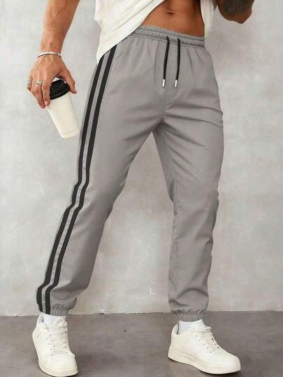 1pc Men's Casual Sports Pants, Loose Fit Lightweight Breathable Trousers For Running, Outdoor, Hiking, Jogging, Fitness Training, Summer Beach, Commuting, Fashionable Striped Cropped Pants Spring