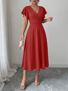 Women's Summer Mid-Length Dress Ruffled Sleeve Covered V-Neck Elegant Wedding Party Swing A-Line Slim Flared Dress - Red - View 1