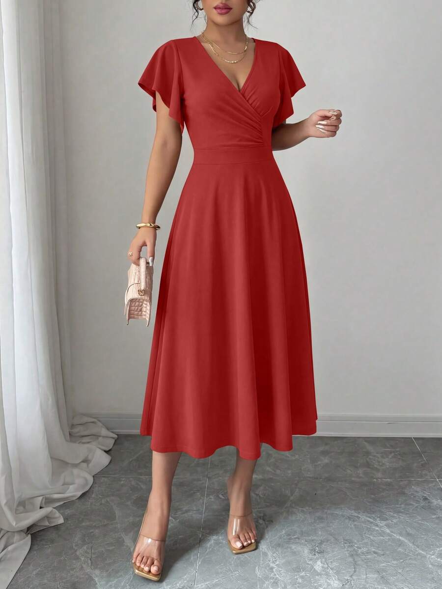 Women's Summer Mid-Length Dress Ruffled Sleeve Covered V-Neck Elegant Wedding Party Swing A-Line Slim Flared Dress - Red - View 1