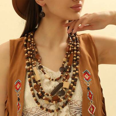 Handmade Exaggerated Multi-Layer Beaded Necklace And Earrings Set, Bohemian South Asian Style, Fashion Vintage, Suitable For Formal Events, Parties, Holidays, Casual Wear [Random Color Arrangement]