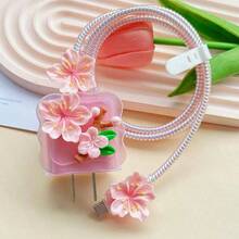 5pcs/Set 3D Floral Cartoon 1.5M Data Cable Protector Winder, Compatible With Apple 20W/18W Charger,  Fast Charging Cable Soft Case Cover Charger Protector - 粉色 - 查看 7