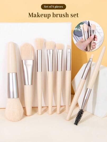 SEPROFE 8支迷你化妆刷套装，优质木柄，超柔软刷毛，包含腮红刷、粉底刷、眼影刷、眉刷、睫毛刷、唇刷，便携式旅行化妆工具