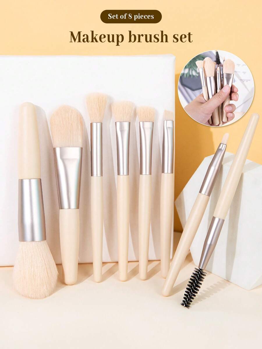 SEPROFE 8支迷你化妆刷套装，优质木柄，超柔软刷毛，包含腮红刷、粉底刷、眼影刷、眉刷、睫毛刷、唇刷，便携式旅行化妆工具 - 杏色 - 查看 1