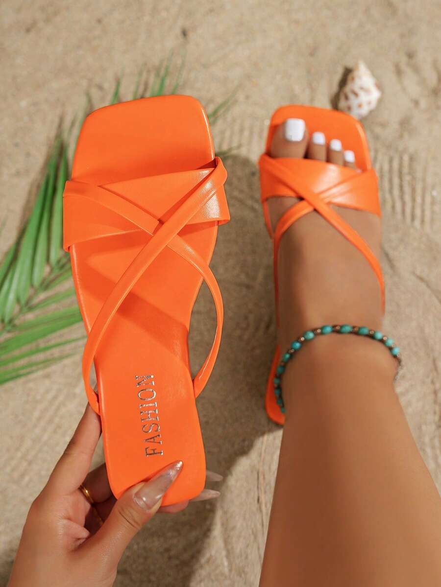 Wide Fit Friendly, Women's Square Toe Flat Sandals For Summer | Minimalist Criss-Cross Strap Slip-On | Lightweight Soft Bottom Breathable Design | Soft Footbed Vacation & Daily Comfortable Sandals - Orange - View 1
