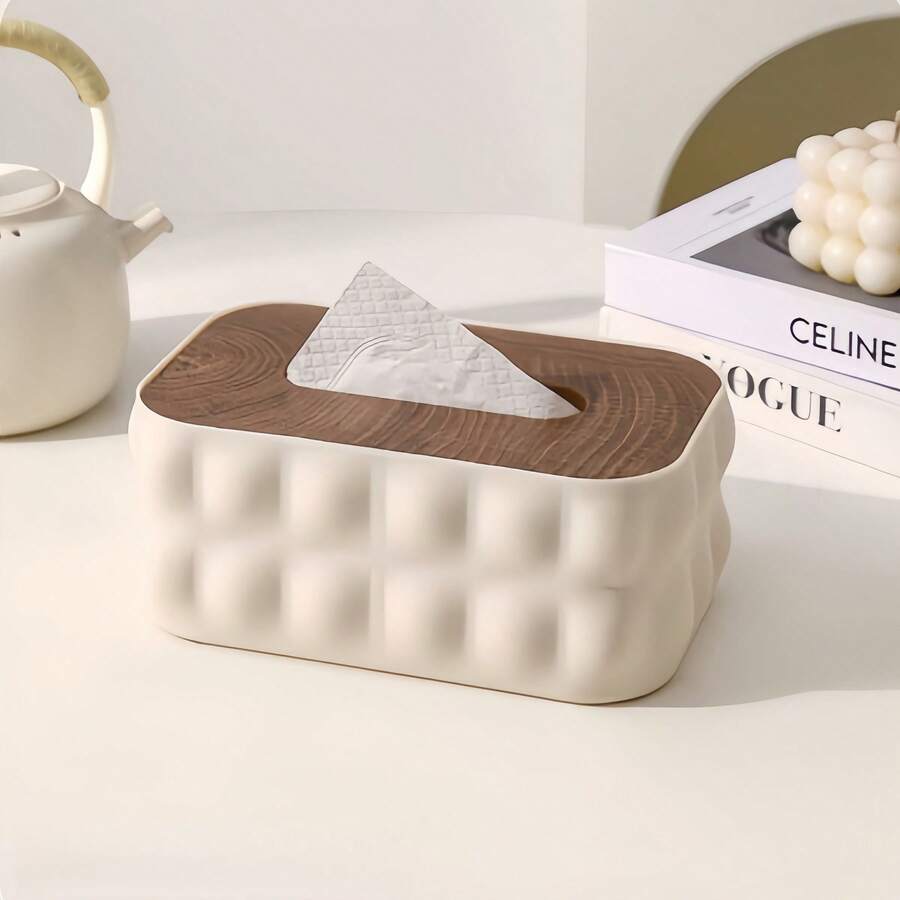 1pc Minimalist Creative Wooden Lid Plastic Tissue Box, Dining Room, Living Room, Office Desk Paper Towel Holder, Desktop Storage Box - Multicolor - View 1