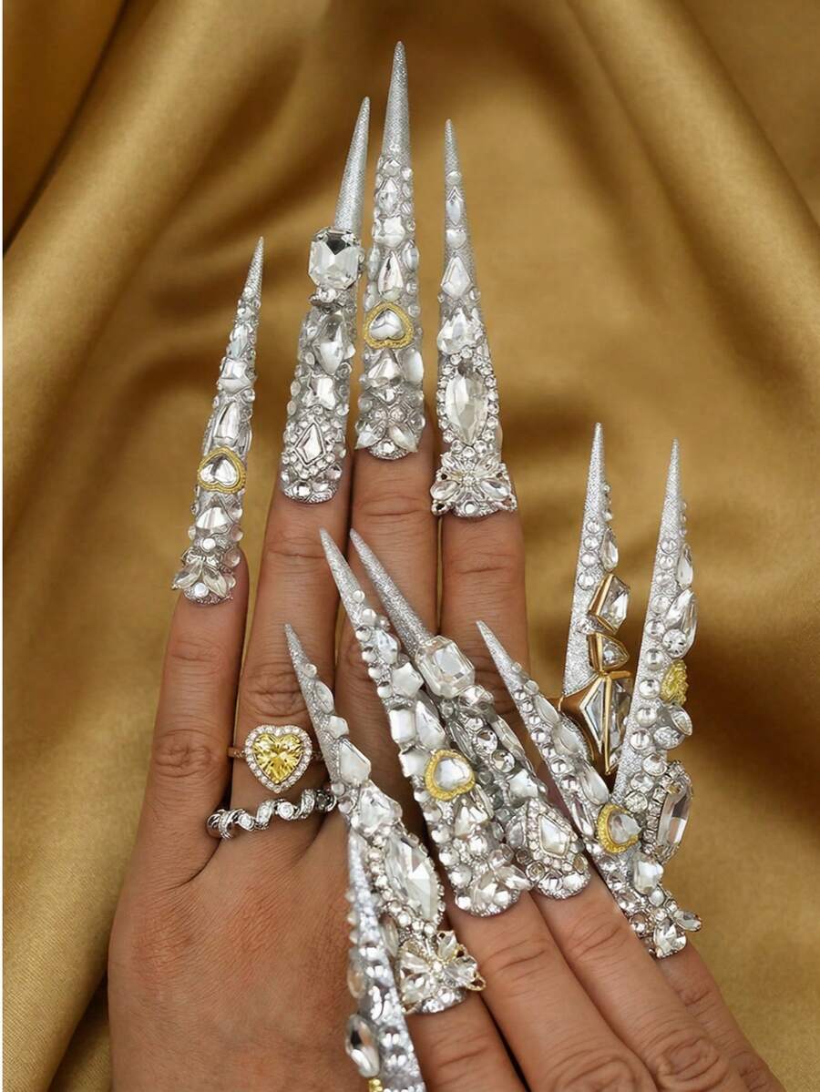 10Pcs Handmade Extra Long Stiletto Press On Nails, Luxury Sparkling Style, Dense Rhinestones, Gold Accents, Multi Shape Gems, Gala, Evening Parties Summer - Silver - View 1