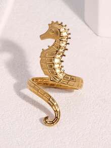 1 chiếc nhẫn hở hình cá ngựa bằng thép không gỉ, thuộc bộ sưu tập chủ đề đại dương sáng tạo, chống gỉ, thích hợp cho bãi biển, kỳ nghỉ và đeo hàng ngày. - JR1000 - Xem 3