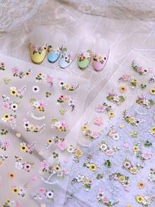 逼真干花浮雕美甲贴纸，彩色碎花3D美甲贴花 - 彩色 - 查看 2