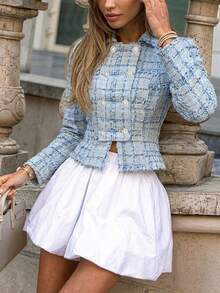Women's Elegant Light Blue Double-Breasted Short Wool Coat - Blue - View 1