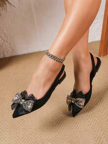 Giày sandal đế bằng nữ mũi nhọn, màu đen, kiểu dáng casual, thắt nơ bên hông, thời trang xuân/hè mới. - màu đen - Xem 1