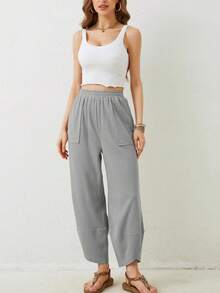 Women's Baggy Wide Leg Pants,Fall Cargo Pants With Paper Bag Waist,Cotton Loose Fit Palazzo Pants With Pockets - 淺灰色 - 查看 4