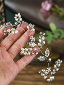 1pc Elegant Handmade Pearl & Rhinestone Bridal Headband, Silver Leaf Vine Wedding Hair Accessory, Bridesmaid Party Headpiece - Multicolor - View 4